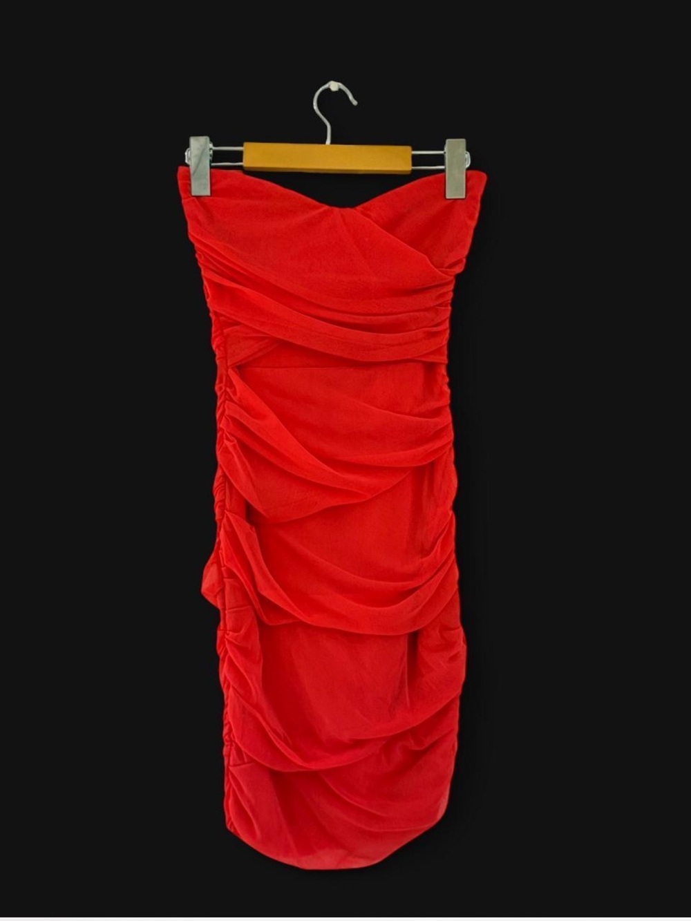 Strapless Coral Red Ruched Bodycon Dress ❤️